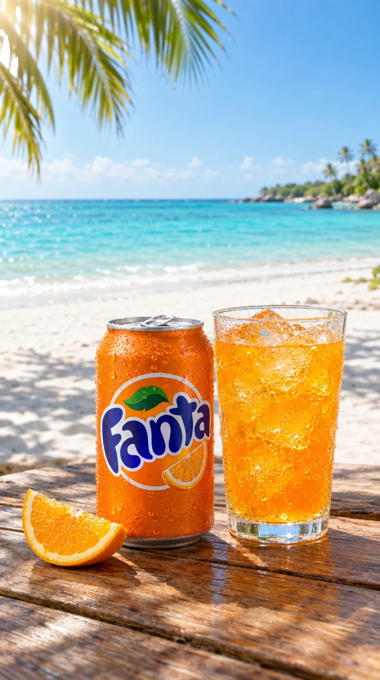 Orangefarbene Getränkedose und Glas am tropischen Strand