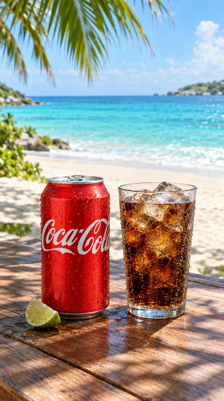 Rote Coladose und Glas am tropischen Strand